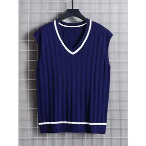 Men's Knitted Sweater Vest With Black Trim Design, Trendy Sleeveless V-neck Pullover For Casual Daily Wear, Spring And Fall