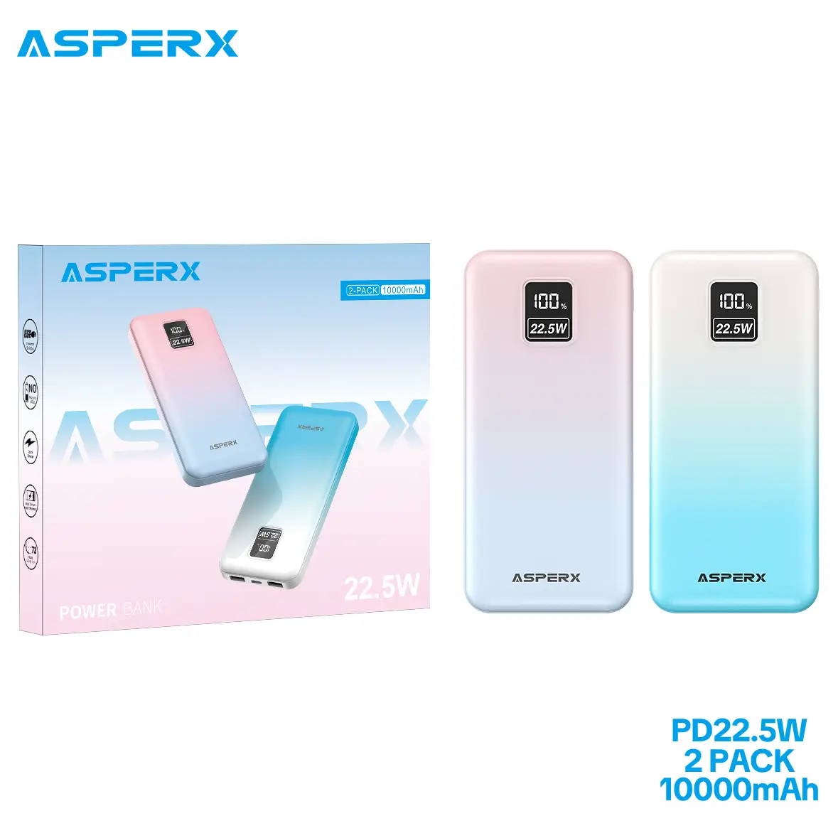AsperX 22.5W Fast Charging Power Bank, 2 pack 10000mAh Portable Charger with Digital Display, Battery Pack for Smartphone, Tablet, Perfect Gifts
