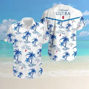 Michelob Ultra Hawaiian Shirt Blue Palm Tree Print Men Women Loose Fit Breathable Beach Vacation Summer Festival Casual Streetwear Button Down Aloha Fan Gift Tee S-5XL