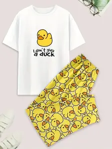 Men's Fashion Duck Series Pants Set, Outfit, Casual Slogan Print, Fitted, Comfortable Drawstring Waist, Summer Thin Knit Fabric, Perfect Daily Wear