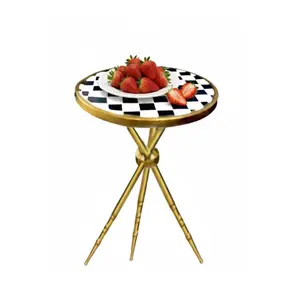 Elena Akmal Contemporary Modern Solitary Round Table with Gold Frame Criss Cross Legs Black White Checkerboard Top for Living Room Foyer Entry Way Bedroom