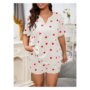 Plus Size Heart Print Pajama Set Notch V Neck Tops with Shorts 2 Piece Lounge Sets