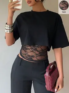 Women's Casual Lace Underlayer Fake Two-Piece Design T-Shirt, Essential for Daily Commute, Comfortable and Stylish Top