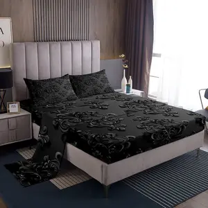 Gothic Damask Bed Sheets Set Vintage Jacquard Deep Pocket Fitted Sheet Black Bedding Sets Exotic Floral Soft Bed Set