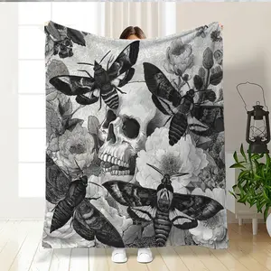 Creative Halloween Horror Floral Skull Moth Print Flannel Blanket, Warm Comfortable Throw for Sofa Bed Office Car Camping Home Decor Gift