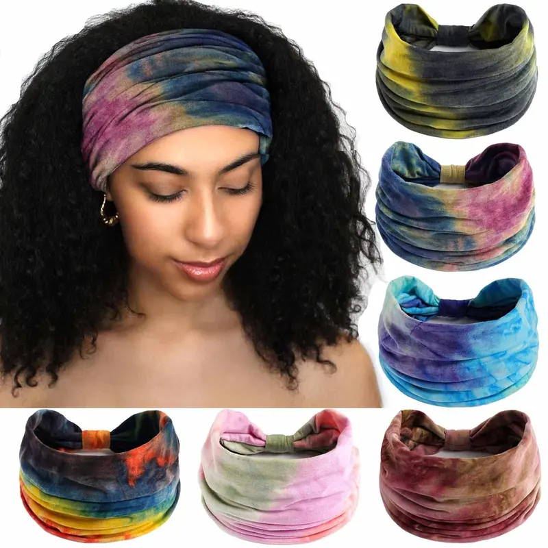 6 Pack Wide Headbands Women Knotted Headband Non Slip Elastic Hair Bands Tie Dye Turban Head Wraps Workout Yoga Sports Sweatbands Boho Headbands for Women Fashion Hair Accessories