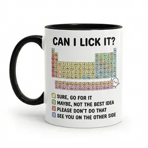 Funny Periodic Table Science Mug Can I Lick It Chemistry Teacher Gift Ceramic Coffee Cup with Colorful Elements & Molecule Character Perfect for Science Nerds