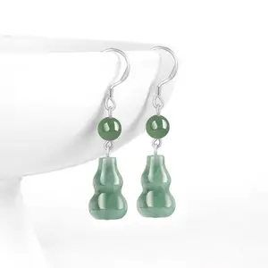 Vintage 925 Sterling Silver Jade gourd Dangle Earrings for Women, Drop Earring Hook Jewelry Lucky Gift for Her