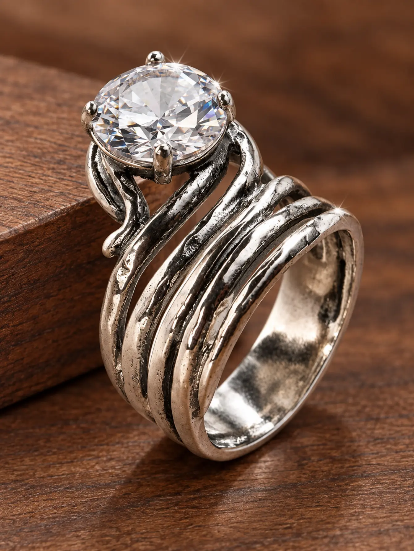 Fashion Vintage Antique Silver Wide Band Beautiful Rings for Women, Large Round Clear Center Stone with 4 Chunky Prongs, Twisted Melted Organic Strands Intertwined Band, Boho Textured Statement Daily Wear Gift Jewelry Ring, Engagement Rings for Her