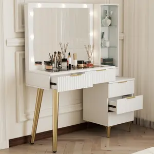 Fluted Vanity Desk with Mirror Glass Top 5 Drawers LED Lighting Makeup Table White Storage Cabinet for Bedroom
