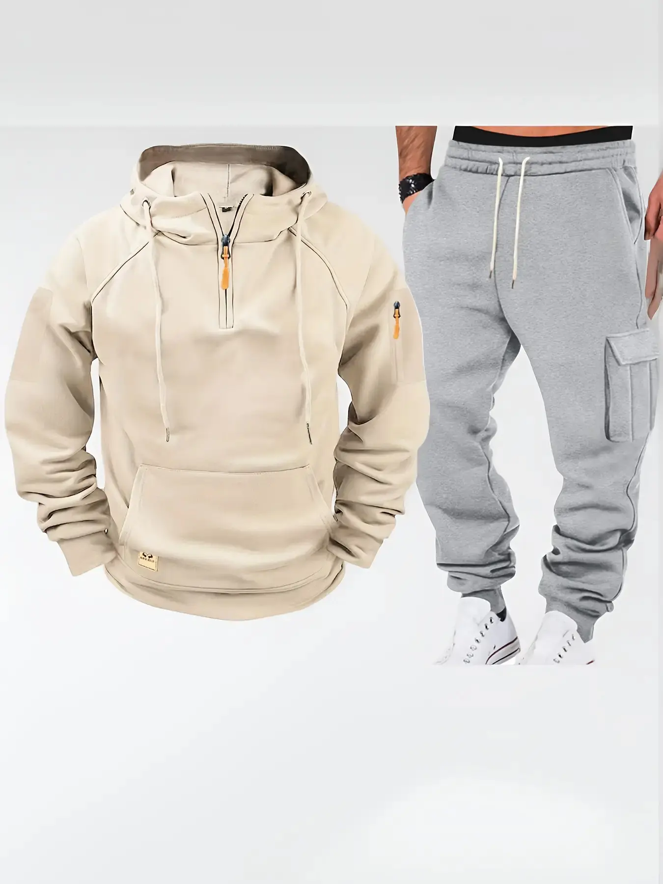 2-piece men's warm hooded jacket and work pants set - Heavy winter outdoor matching clothing, large pockets, beige/British racing striped hooded jacket, zippered casual pants, suitable for work clothes, hunting (machine washable)