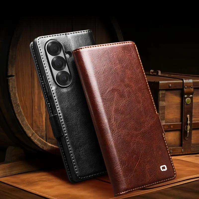 Fin QIALINO Premium Genuine Leather Case for Samsung Galaxy Z Fold 7 6 5 Fold7 Fold6 Fold5 5G Natural Cowhide Wallet Cover