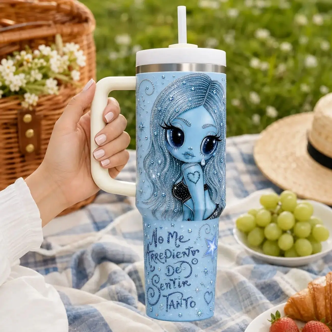 Blue Heart Music Era 40oz Tumbler with Handle and Straw Latin Pop Inspired Stainless Steel Travel Mug Double Wall Insulated Fan Gift for Women