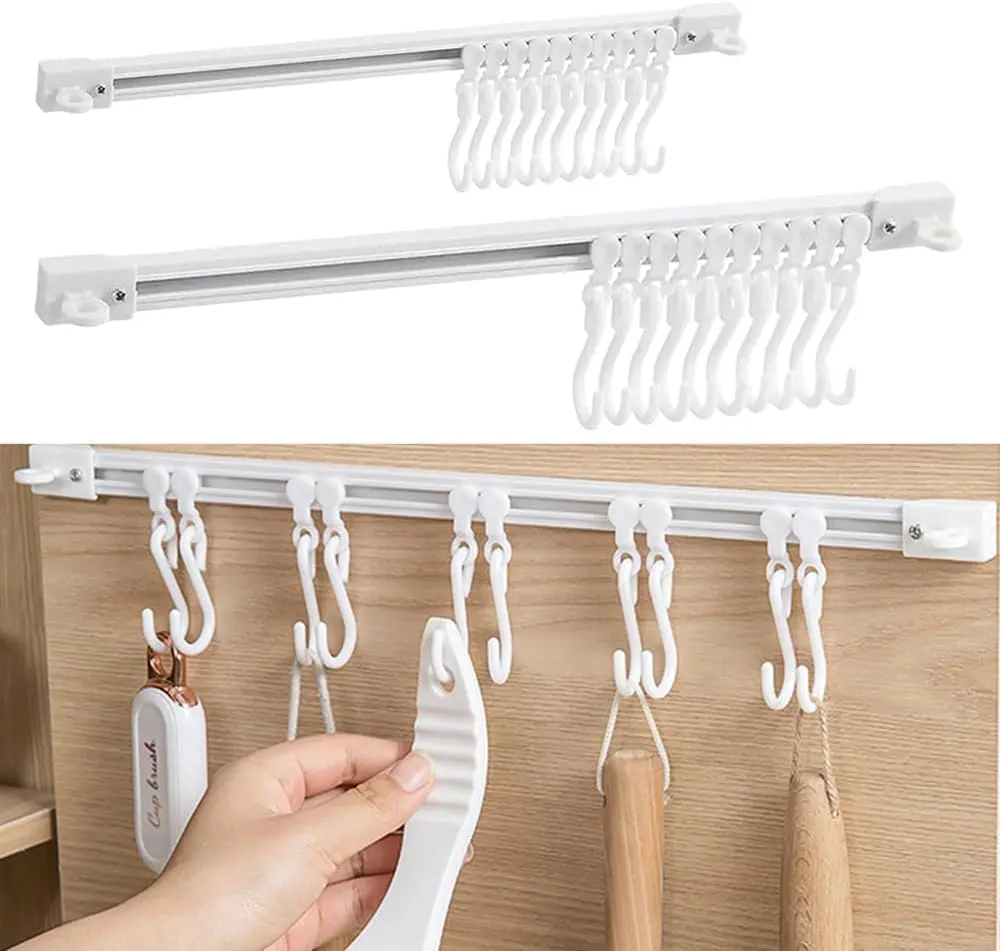 Kitchen Cabinet Organizer with Sliding Hooks, No Drill Kitchen Utensil Holder, Adjustable Hanging Rack for Cabinet Door, Space Saving Kitchen Storage Organizer for Spatulas, Spoons, Scissors, Peelers, Brushes, Towels and Cooking Tools