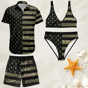 Couple Matching Camouflage American Flag Swimwear, Tactical Black Green Patriotic Bikini & Hawaiian Shirt Beach Shorts Set, Special 4th of July Gift for Him and Her
