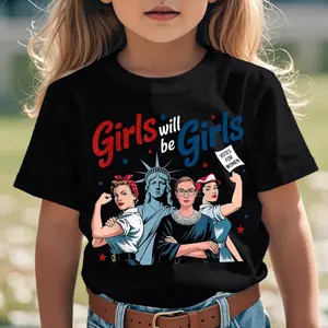 Girl Will be Girls Patriotic Feminist 4th of July Novelty Aesthetic Graphic Kid T-Shirt Fashion Kid T Shirts Trendy Cool Tops Tees for Kid
