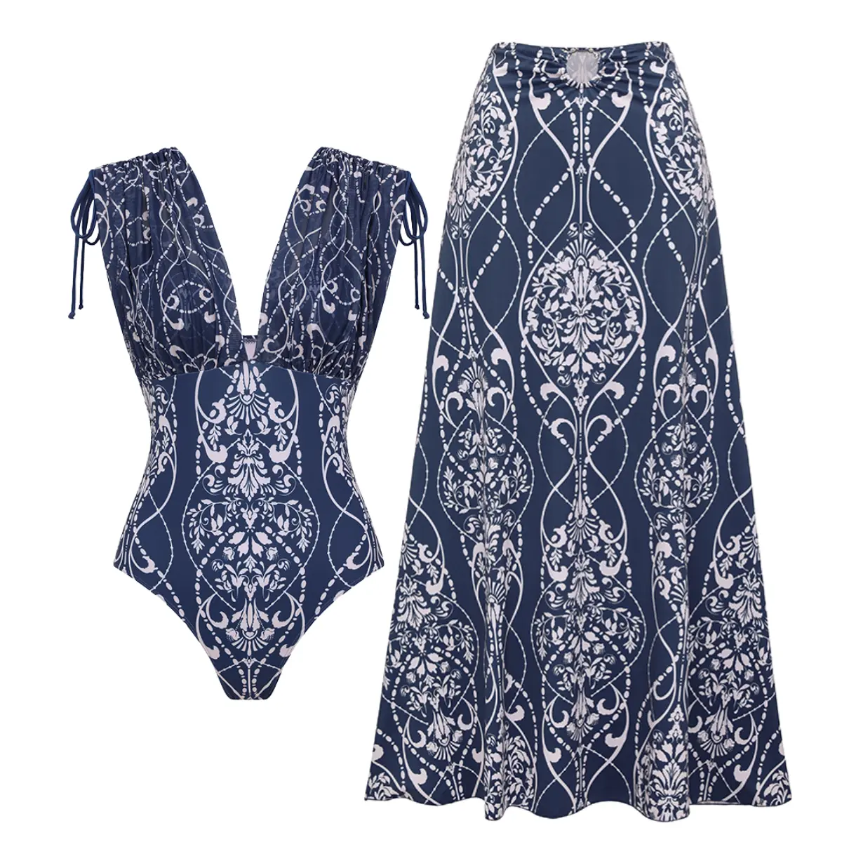 FLAXMAKER Women's V Neck Shoulder Drawstring Blue Printed One Piece Swimsuit and Matching Cover Skirt Set Swimdress Stylish Beachwear Bathing Suit #Summervibes outdoorfun #SwimWeek