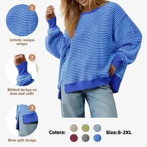 Fisoew Women's Fall Oversized Sweatshirt Casual Waffle Knit Long Sleeve Crewneck Split Pullover Tunic Tops Outfits Clothes babydoll tops cardigan cardigan for women mockneck