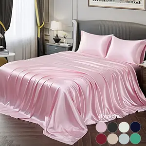4 Counts Solid Color Satin Bedding Set, Luxury Bedroom Bed Sheets Includes 1 Flat Sheet, 1 Fitted Sheet, and 2 Pillowcase without Filler, Room Accessories, Twin, Double, Full, Queen, King, Comfy Bed Sets, Silky Fitted Sheet, Soft Breathable Sheet