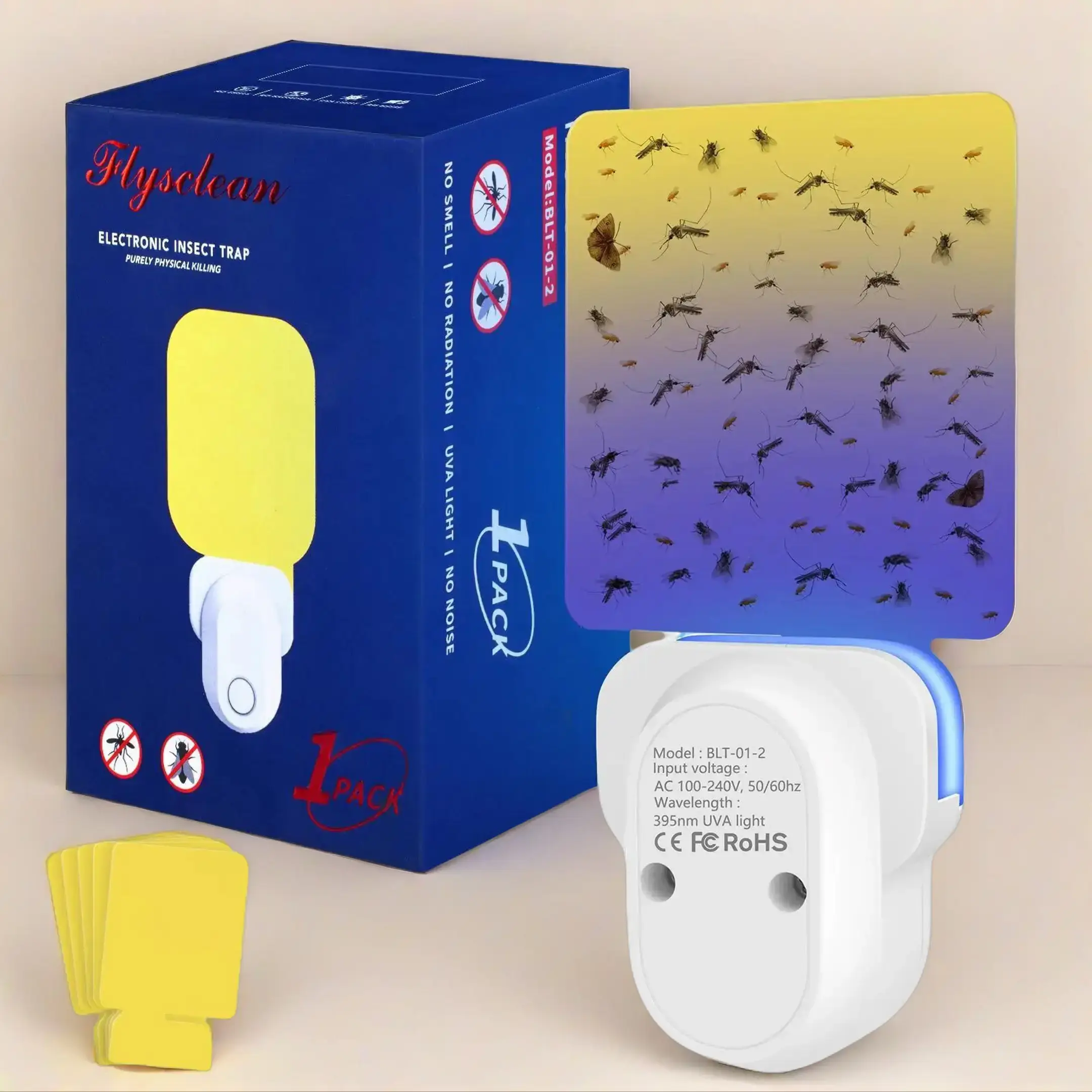 Indoor Plug-in UV Light Bug Trap - Family Safe Electronic Mosquito Killer Lamp with Sticky Pad Set, Nightlight Mode, 1-Pack Insect Capture Solution for Kitchen Household Flies, Gnats, Moths