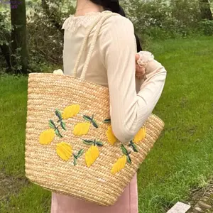 New Handmade Woven Straw Tote Bag for Women, Fresh Mango Embroidery Summer Shoulder Bag, Large Capacity Handmade Straw Handbag, Breathable Lightweight Vacation Style Perfect for Beach, Travel, Holiday, Shopping and Daily Street Style Outfits