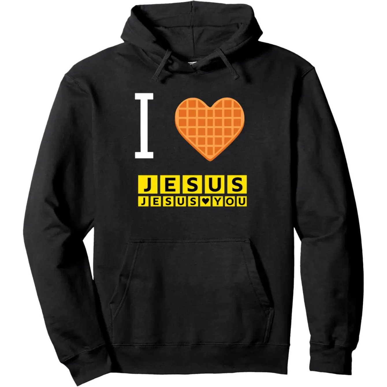 Men's I Love Jesus Waffle Heart Graphic Hoodie - Cotton Blend Black Long Sleeve Pullover Regular Fit | Soft & Breathable Fabric, Durable Print, Everyday Comfort, Machine Washable, funny christian breakfast casual wear