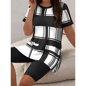 Women's Plaid Print Two Piece Outfits Casual Short Sleeve Tunic Tops and Biker Shorts Set Loungewear for Summer