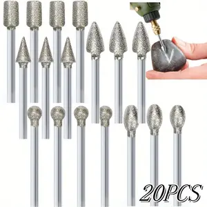 20PCS Diamond Burr Bits Diamond Grinding Drill Bit Set,with 1/8 Inch Shank Rotary Tool Accessories for Stone Glass Ceramics Carving, Grinding, Polishing, Engraving