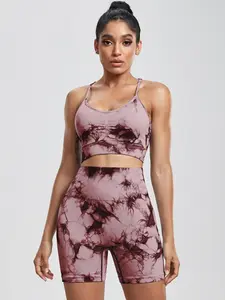 2 Counts Women's Tie Dye Print Two-piece Set, Sleeveless Padded Crop Top & High Stretch Short Leggings, Sportswear Outfits, Summer Clothing Set for Women, Sporty Set