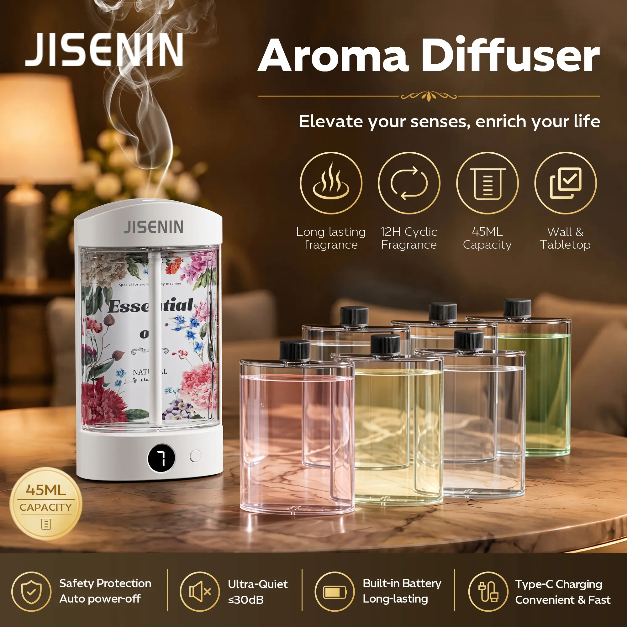 JISENIN Portable Smart Essential Oil Diffuser And Humidifier Set, 7-Level Mist Adjustment, Usb-Rechargeable Air Freshener, Including 1/3/6-Bottle Essential Oil Set, Suitable for Rooms, Yoga, Hotels, And Cars bedroom