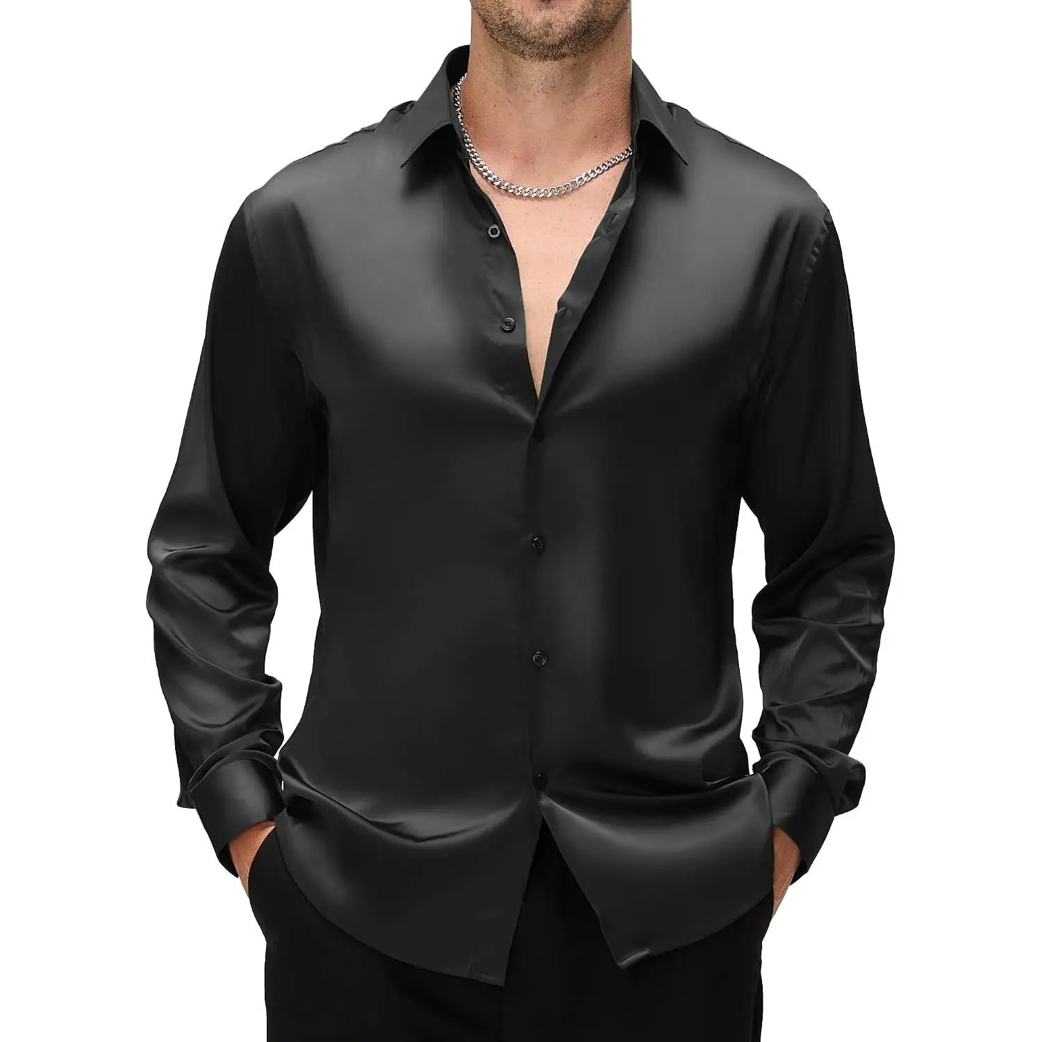 Men's Silk Satin Dress Shirts Long Sleeve Button Up Shirt for Men | Shiny & Moisture Wicking for Party Wedding Prom Club Night,Wrinkle-Resistant All Day Comfortable & Breathable Regular Fit Gift