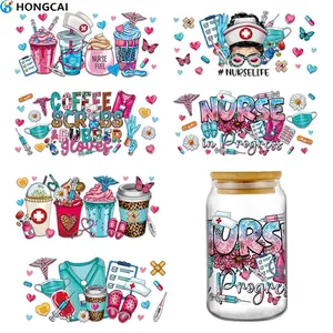 6 Sheets Nurse Theme Flower UV DTF Transfer Stickers, Waterproof Cup Labels, Plastic Adhesive Tags, Medical Style DIY Decorative Decals