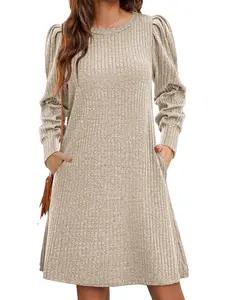 Womens Knit Dress with Pockets Dresses Crew Neck Puff Long Sleeve Dresses Casual Tunic Dress