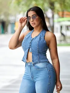 Women's Backless Denim Top, Modern Festival Halter Vest, Unique Front Button Jean Jacket, Street Style Essential