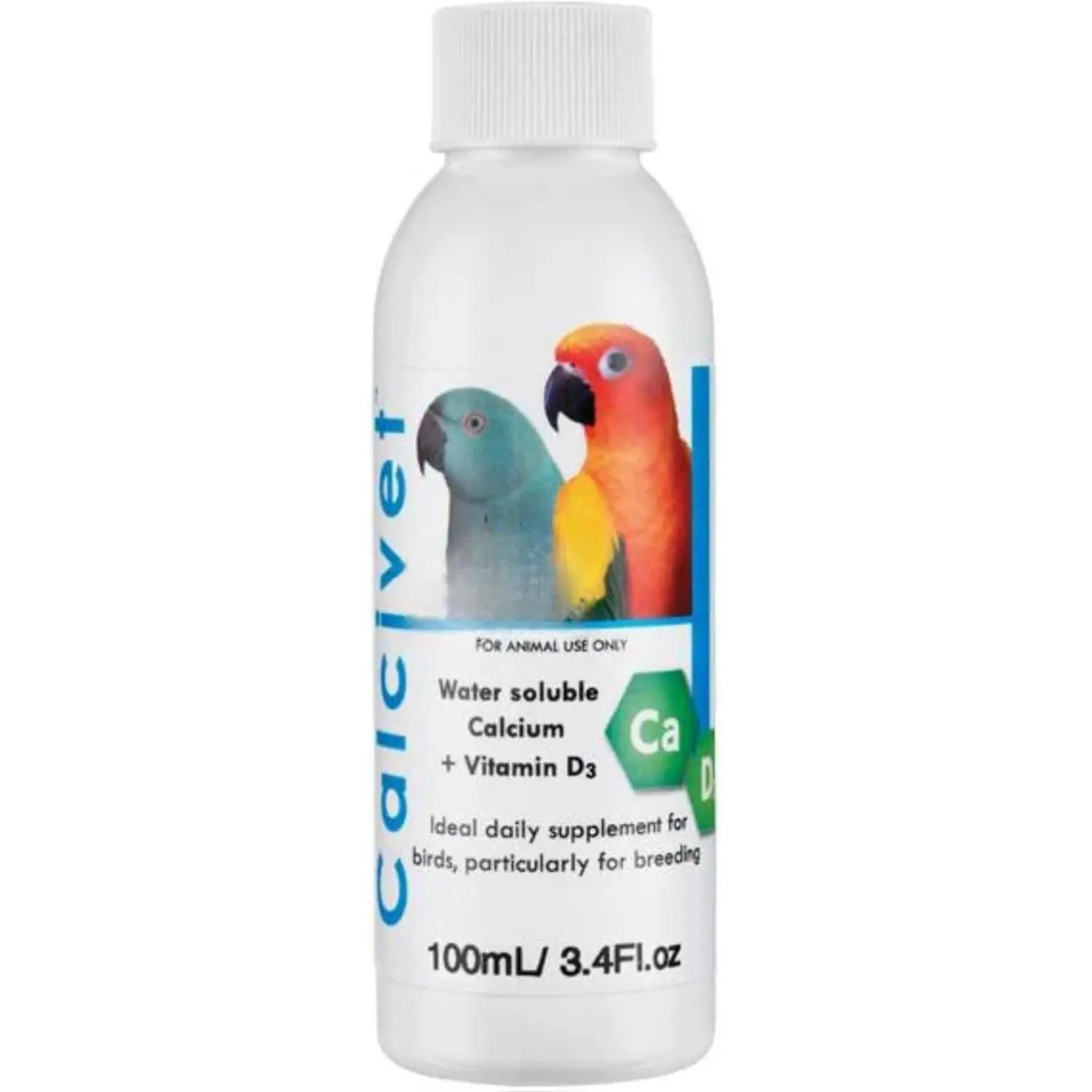 Calcivet Daily Calcium Supplement for Birds Calcio para Aves 100ml Water Soluble with Vitamin D3 Ideal for Breeding, Contains Vitamin D3