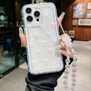 Butterfly Pattern Phone Case with Beaded Lanyard, Decorative Phone Protector Cover, Phone Accessories Compatible with iPhone 11 12 13 14 15 Pro Max, Casing