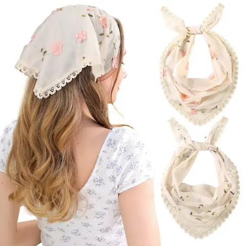 AWAYTR Women's 2-Piece Multifunctional Headbands - Vintage Embroidered Floral Mesh Triangular Bandana Headscarf, Lightweight Tie-Back Breathable Free Size Hair Accessory, Keeps Cool for Cooking Engagement Use