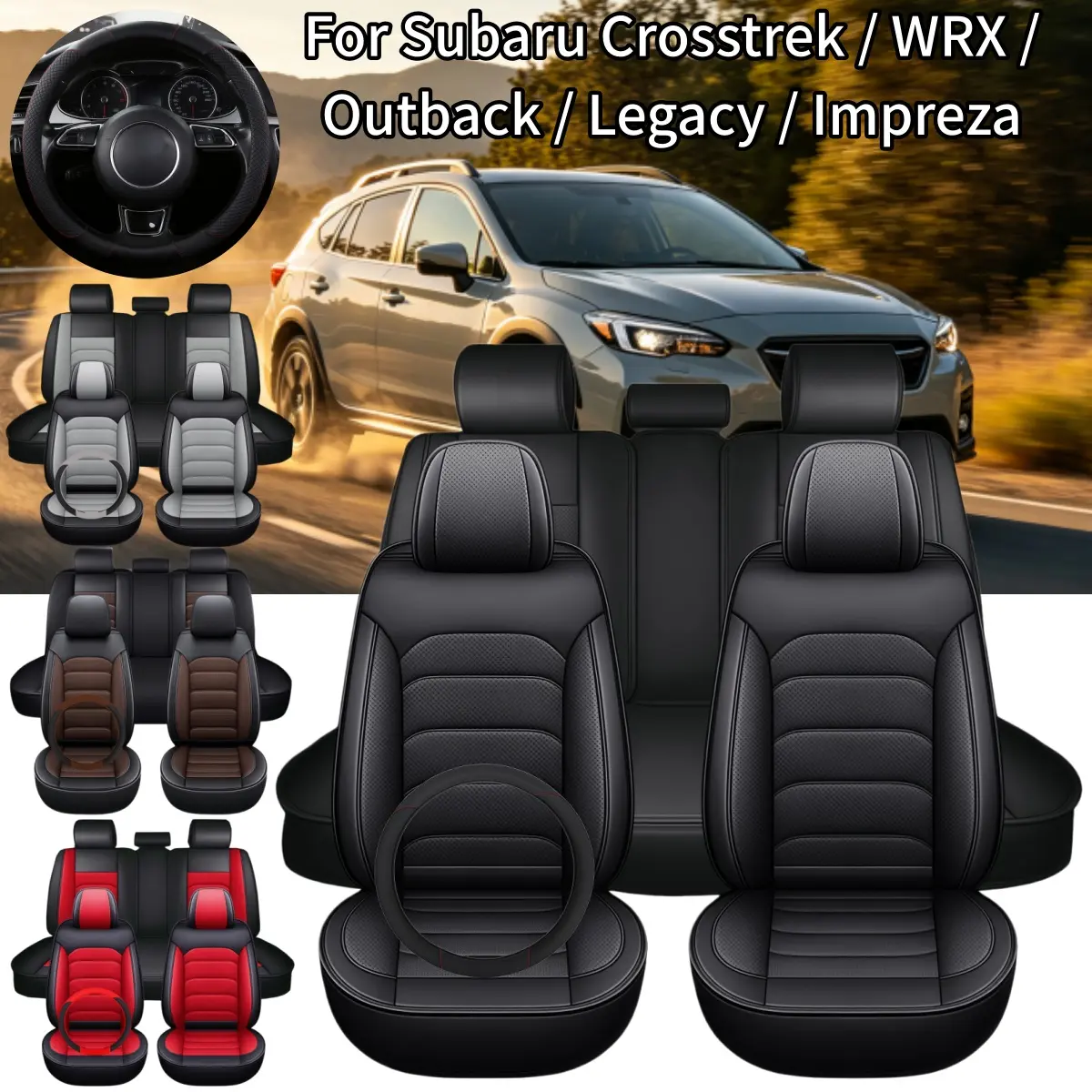 For Subaru Crosstrek / WRX / Outback / Legacy / Impreza 4 Doors 2 Row Car 5 Seat Covers with Steering wheel Cover & Storage Pockets Bag, Waterproof PU Leather Front Rear Cushion Protector Mat Full Set Breathable, Vehicle Interior Decoration Accessories