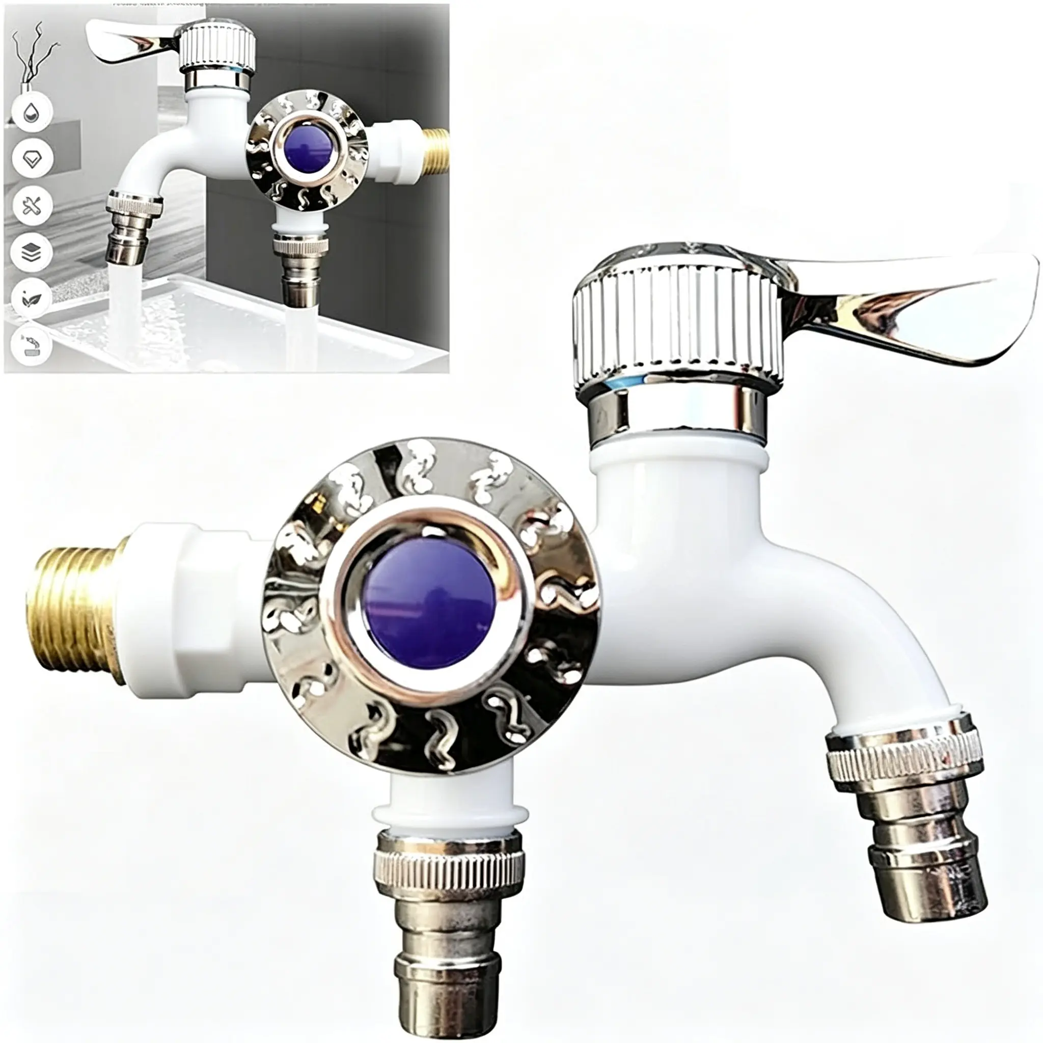 Dual Outlet Washing Machine Plastic Faucet,, 1 In 2 Out Water Plastic Tap Diverter Faucet Splitter, Kitchen Toilet Available Faucet, High Temperature Resistance, Extended Double-Control Faucet