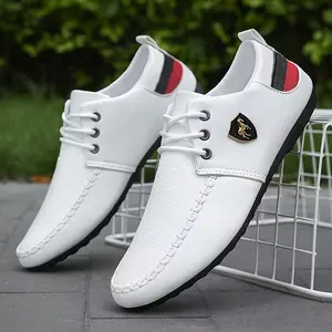 Men's Stylish White Loafers with Red & Black Striped Collar and Golden Emblem - Comfortable Casual Lace-Up Shoes for Casual Attire, Weddings, and Business Occasions, Everyday Loafers | Classic Laceup | Comfortable Fit