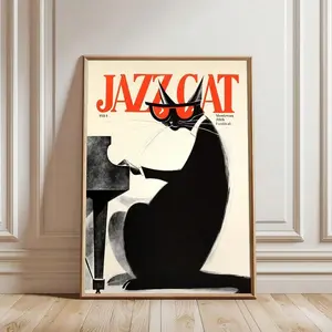 1pc Unframed Vintage Jazz Club Music Canvas Poster Print Retro Jazz Cat Piano 80s Concert Painting Minimalist Wall Art Picture For College Room,Apartment,Living Room,Bedroom,Modern Home Decoration