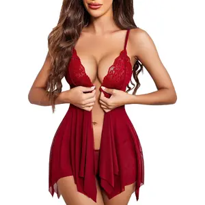 Women's Sleeveless Lace Front-Closure V-Neck Babydoll Chemise Nightie, Festive-Party Use Gifting Nightwear