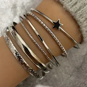 6pcs/Set Delicate Star Open Cuff Bangles - Fashionable Stackable Bracelets for Women - Dainty Hand Jewelry Ornament with Adjustable Fit