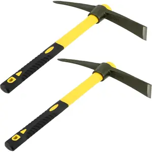 2 count 15 Inch Pick Mattock Hoe, Weeding Mattock Hoe with Yellow Fiberglass Handle, Garden Mattock Pick Axe for Loosening Soil, Cultivating and Prospecting, Forged Steel