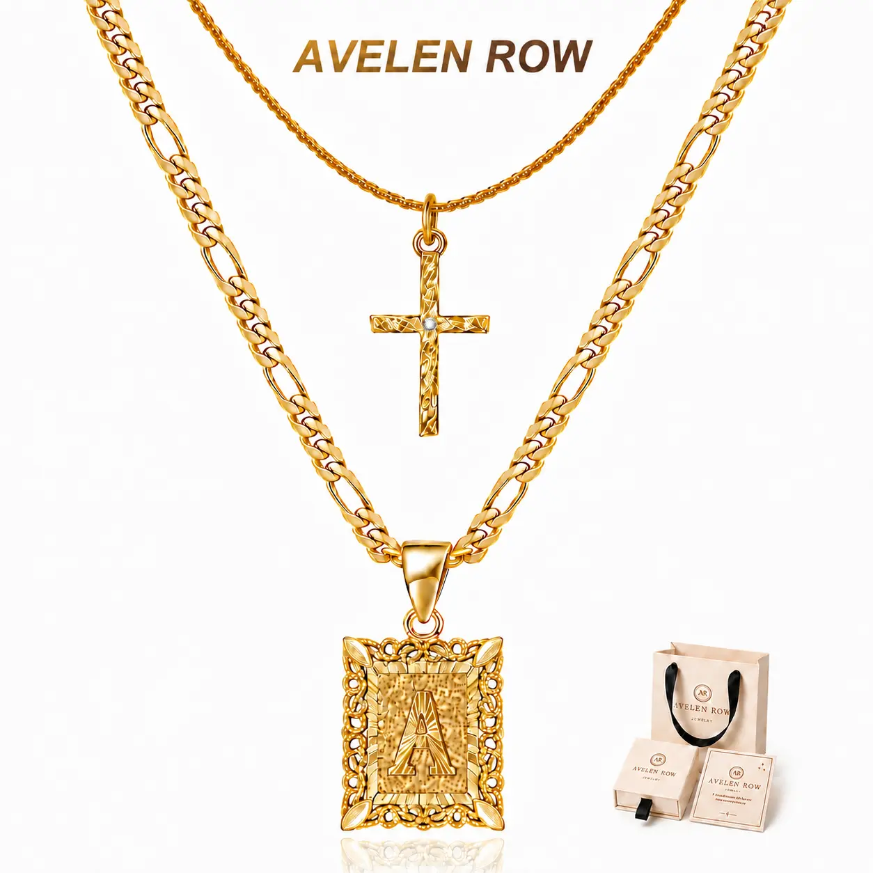 Gold-Tone Layered Necklace for Women, Initial A Pendant and Cross Charm Jewelry, Personalized Gift for Mother's Day, Easter, Confirmation faith