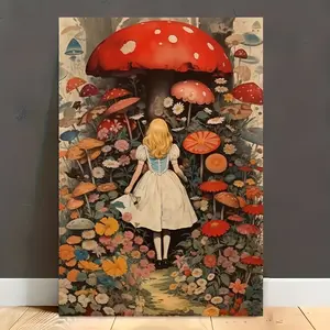 Vintage Alice Mushroom Wonderland Canvas Painting Artwork Poster for Bedroom, Playroom, Fantasy Themed Area Decor Fade-Resistant Waterproof room accessories