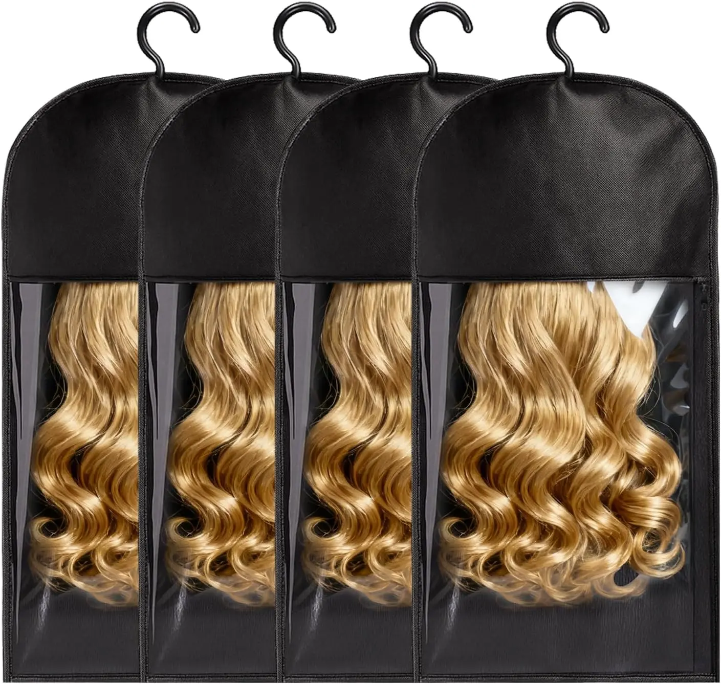 4-Pack Dust Proof Cover Wig Storage Bags with Hanger, 24in Nylon Fabric Lightweight Waterproof Black Hair Extension Holder for Home, Travel (Breathable, Cosplay Wig Compatible)