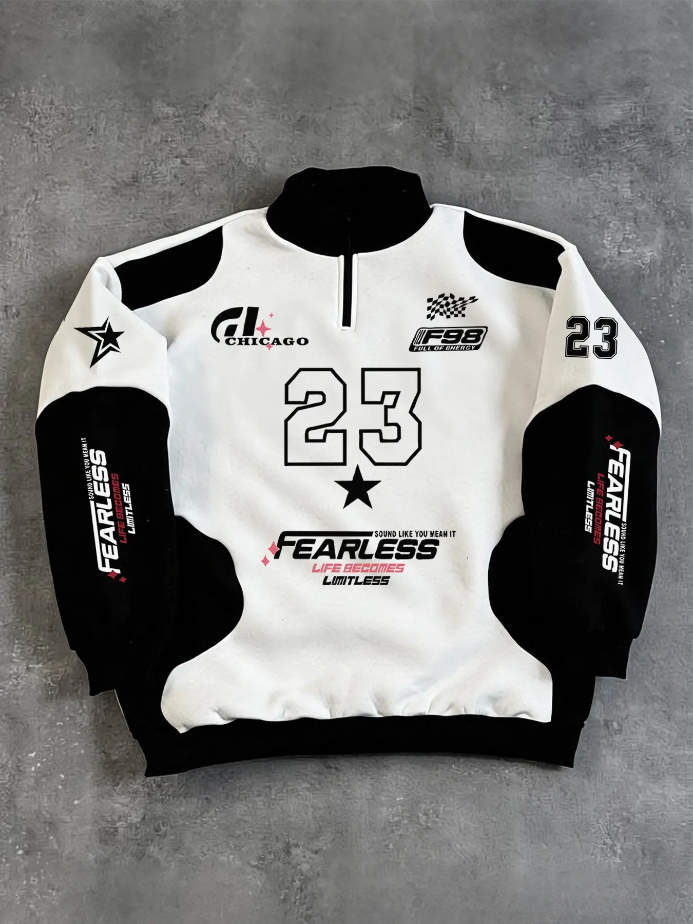American Streetwear Style Racing Element Half-Zip Long Sleeve Graphic Print Sweatshirt, Block, '23' Number & 'chicago' Logo, Unisex Casual Fashion