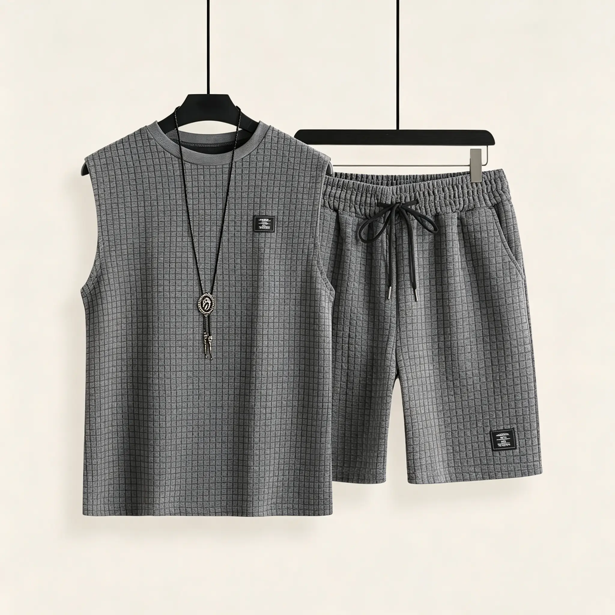 Men's 2-Piece Plaid Knitting Casual Summer Vest Suit Set - Sleeveless Knitted Vest, Shorts, Polyester Fabric, Machine Washable, S-XXL Sizes, Non-Irritating Materials