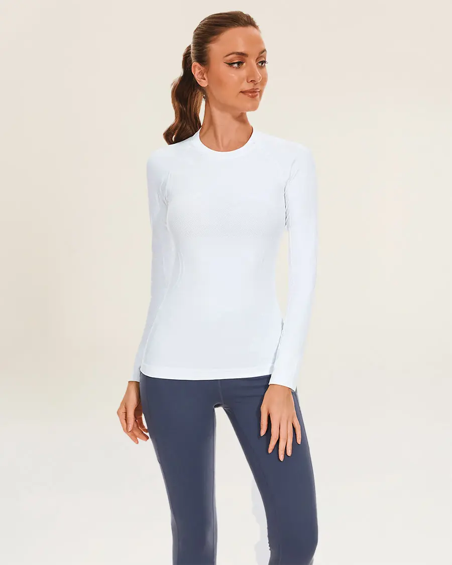 Women's Seamless Slim-Fit Long Sleeve Workout Top - Stretchy Breathable Stretch Fabric T-Shirt with Thumbholes, Cute Basic Style, Note: Size Up for Looser Fit